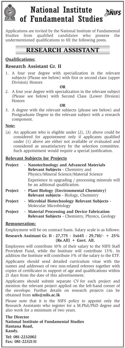 Research Assistant  - National Institute of Fundamental Studies